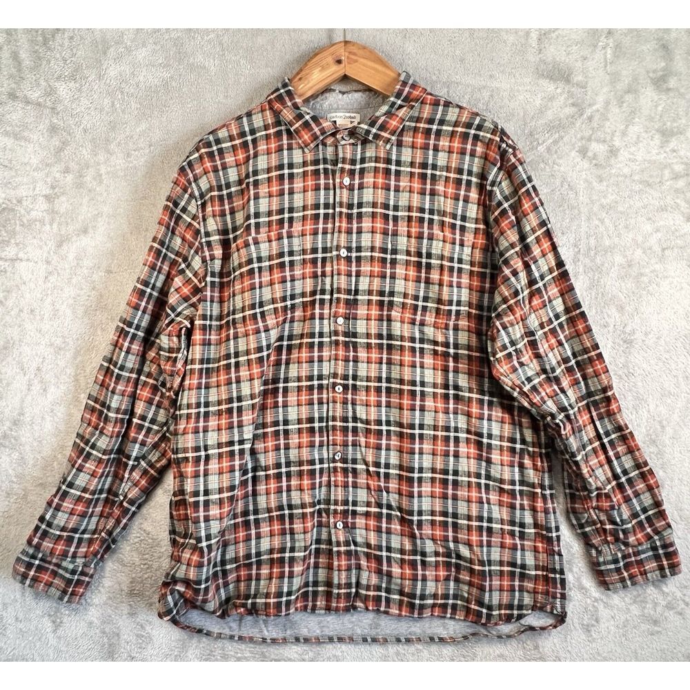 Men's Plaid Button-Up Shirt - Orange, Black & Cream